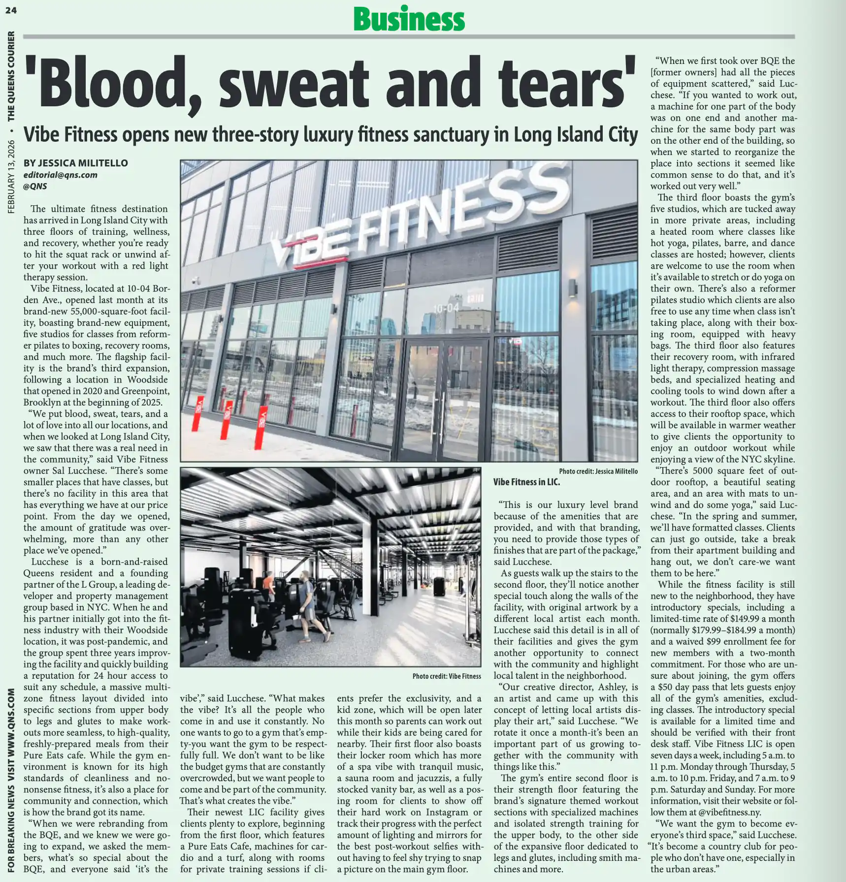 Page 24 of the February 13, 2026 issue of the Queens Courier covering VIBE LIC